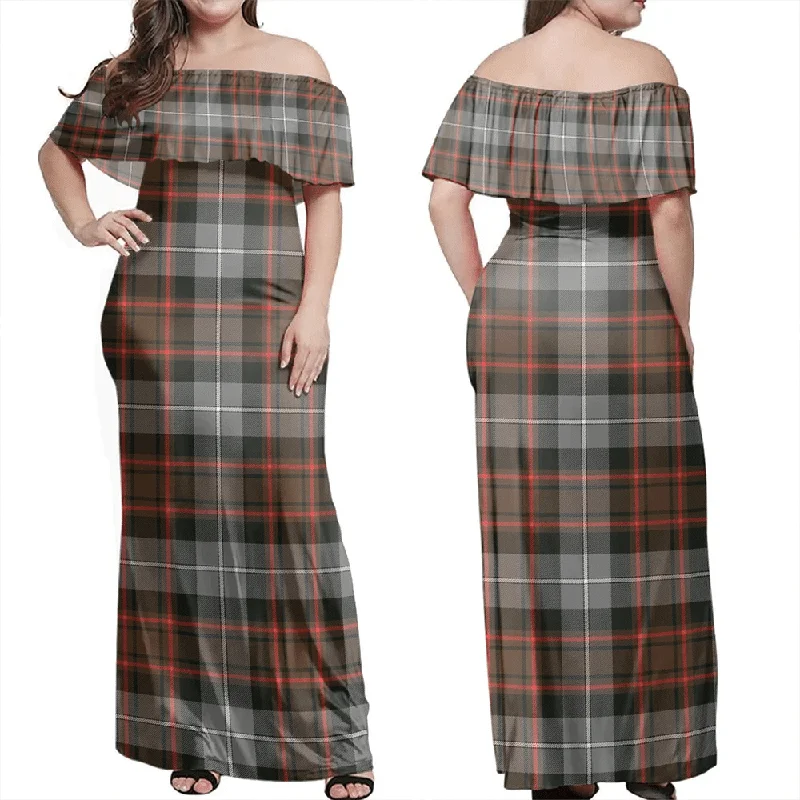 MacRae Hunting Weathered Tartan Off Shoulder Long Dress Tunics Modern contemporary
