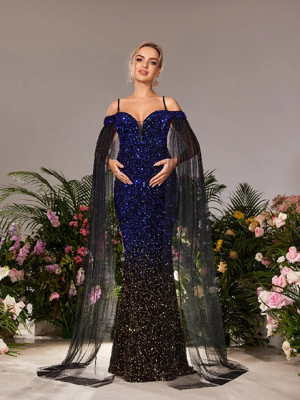 Maternity Cold Shoulder Cape Sleeves Mermaid Hem Ombre Sequin Formal Dress Shift Classic Vintage Maternity Cold Shoulder Cape Sleeves Mermaid Hem Ombre Sequin Formal Dress Shift Classic Vintage