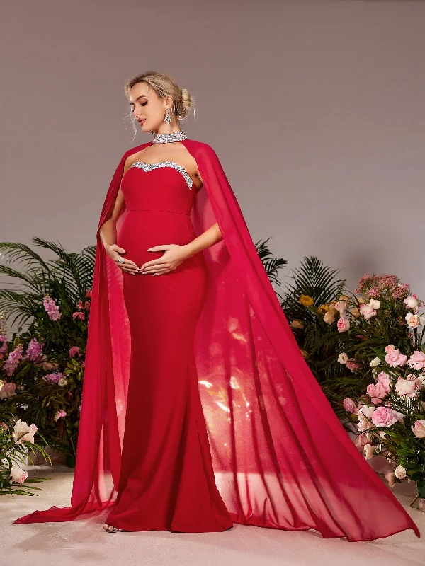 Maternity Mermaid Hem Evening Tube Dress With Chiffon Cape Tunics Stylish elegant