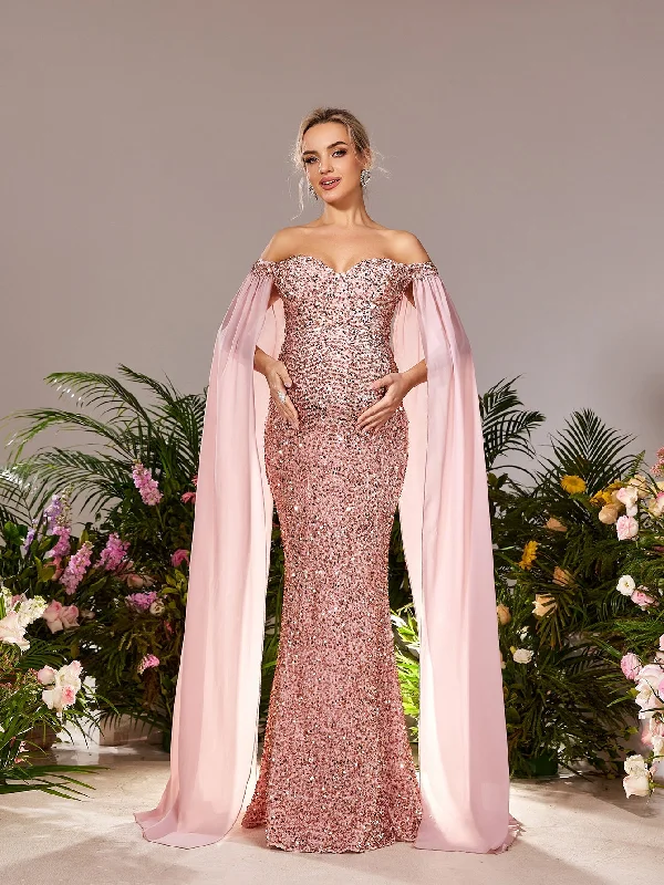 Maternity Off Shoulder Cape Sleeves Mermaid Hem Sequin Formal Dress Cowl Neckline Elegant
