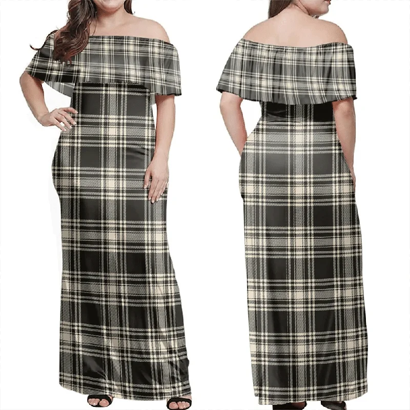 Menzies Black & White Ancient Tartan Off Shoulder Long Dress Tunics Luxurious high-end