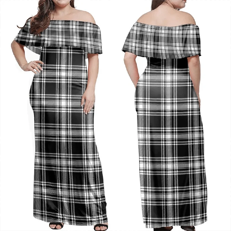 Menzies Black & White Modern Tartan Off Shoulder Long Dress Casual Short Summer
