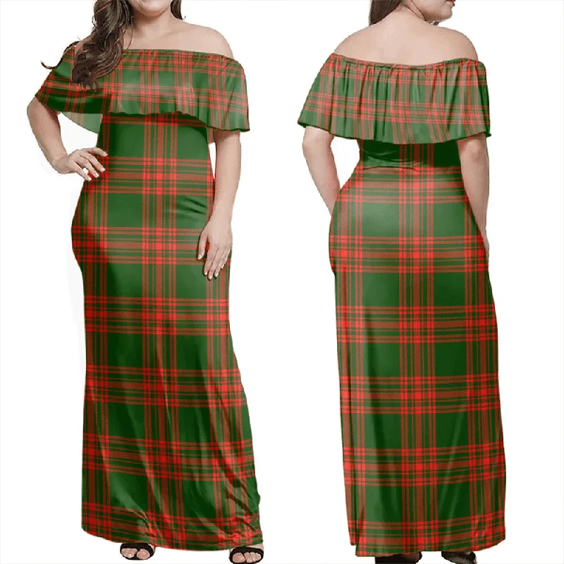 Menzies Green Modern Tartan Off Shoulder Long Dress Maxi Flowy Bohemian