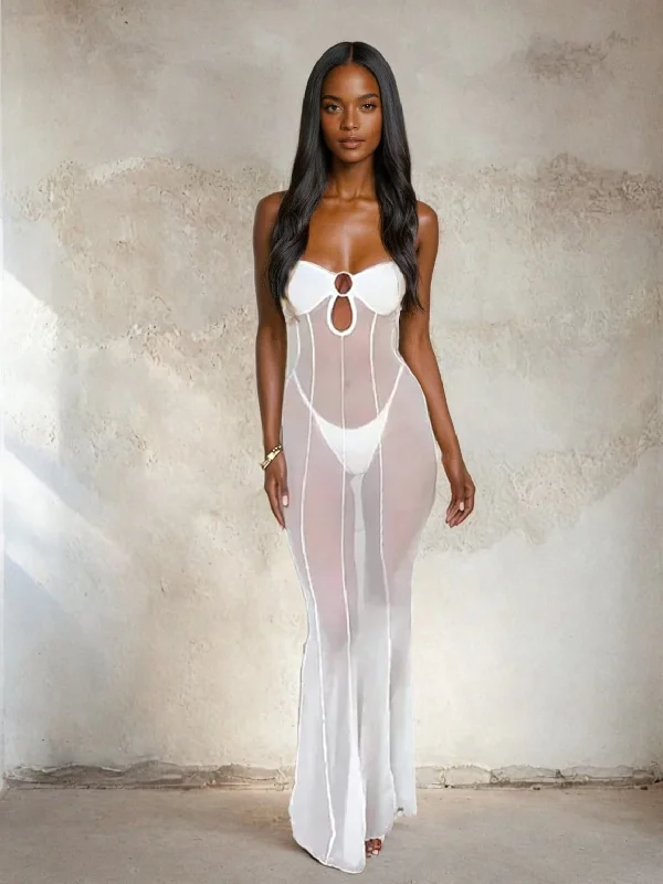Mesh See through Maxi Long Dress Tunics Office stylish
