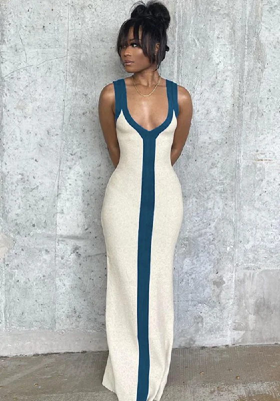 Women's Sexy V-Neck Wide Shoulder Strap Contrasting Color Slim Chic Dress Beach Holidays Long Dress Tunics Distressed trendy