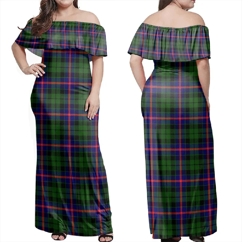 Morrison Modern Tartan Off Shoulder Long Dress Crew Neckline Casual