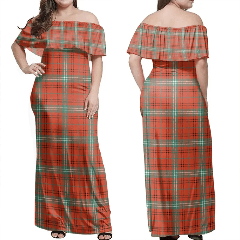 Morrison Red Ancient Tartan Off Shoulder Long Dress sweetheart Neckline Romantic