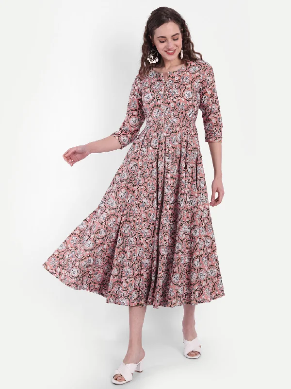 Mul Cotton Kalamkari Printed Kalidar Long Dress Tunics Stylish elegant
