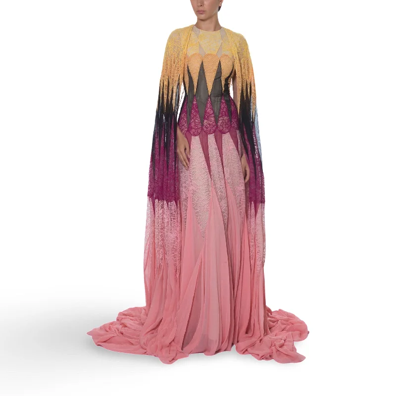 Multicolor Lace Dress With Georgette Panels And Cape Tunics Versatile functional