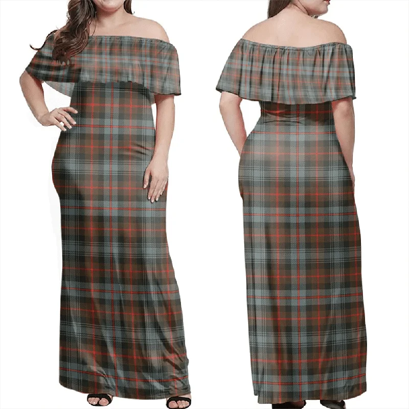 Murray Of Atholl Weathered Tartan Off Shoulder Long Dress Tunics Satin smooth