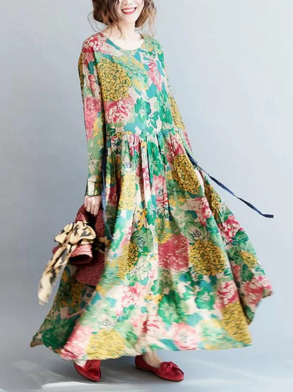 Zjkrl - National Style Flower Printed Long Dress Crew Neckline Casual