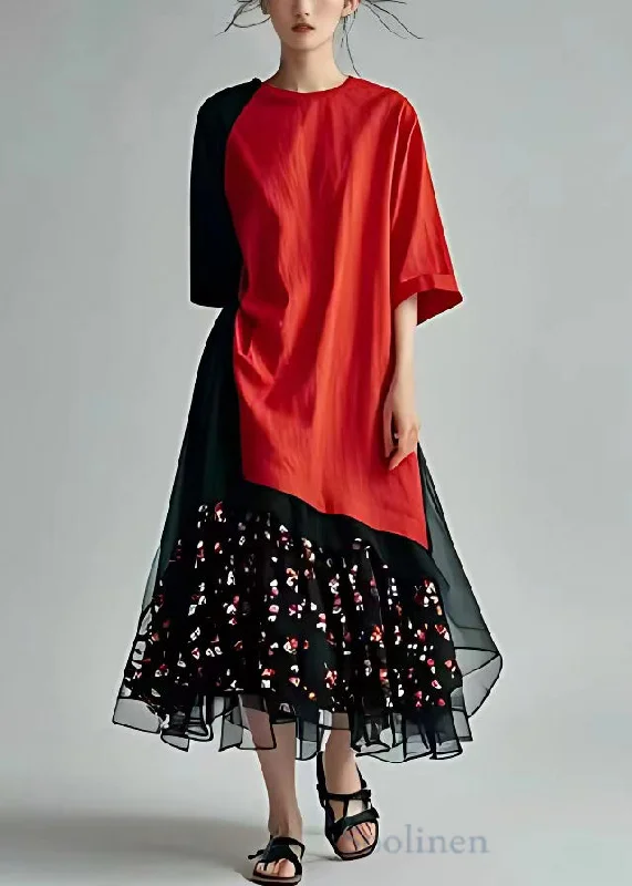 New Red Asymmetrical Print Chiffon Patchwork Long Dresses Half Sleeve Tunics Long Elegant New Red Asymmetrical Print Chiffon Patchwork Long Dresses Half Sleeve Tunics Long Elegant