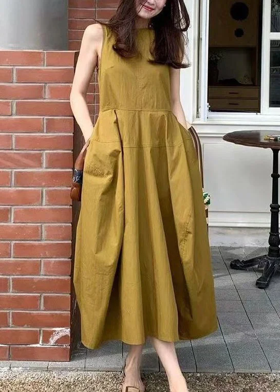New Yellow Pockets Solid Cotton Long Dresses Sleeveless Tunics Essential wardrobe