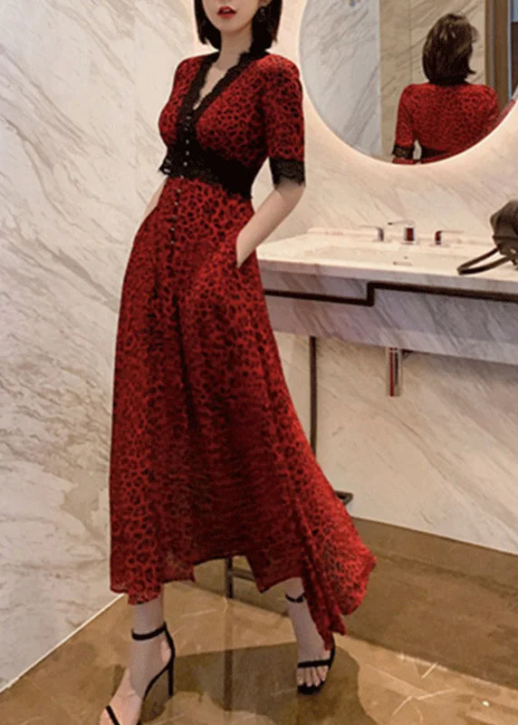 Novelty Red Print Lace Patchwork Vacation Chiffon Long Dresses Short Sleeve Tunics Chic fashionable Novelty Red Print Lace Patchwork Vacation Chiffon Long Dresses Short Sleeve Tunics Chic fashionable