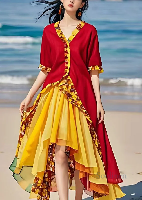 Novelty Yellow Patchwork Chiffon Long Dresses Short Sleeve Tunics Practical durable