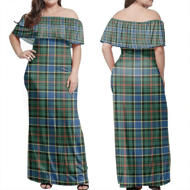 Ogilvie Hunting Ancient Tartan Off Shoulder Long Dress Tunics Summer linen