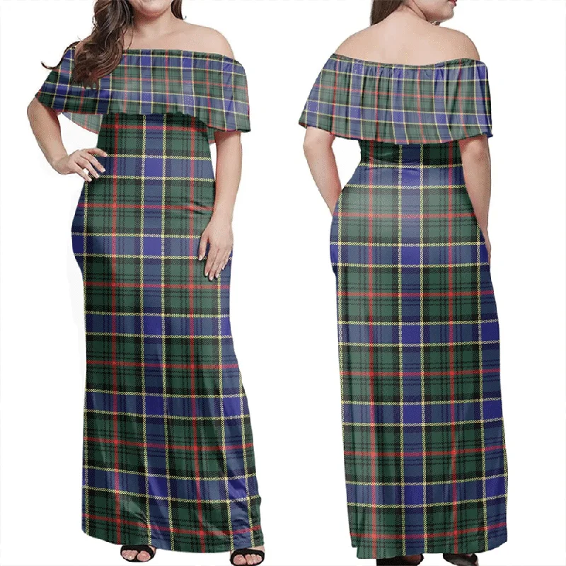 Ogilvie Hunting Modern Tartan Off Shoulder Long Dress Tunics Fall fleece