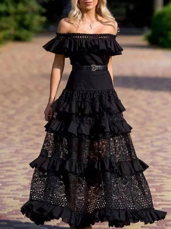 One-Shoulder Ruffled Hollow Swing Graceful Lace Patchwork Long Dress Tunics stripes playful One-Shoulder Ruffled Hollow Swing Graceful Lace Patchwork Long Dress Tunics stripes playful