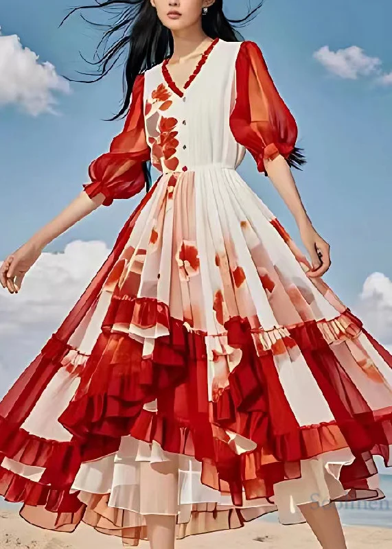 Organic Red Print Patchwork High Waist Chiffon Long Dress Lantern Sleeve Tunics Stylish modern