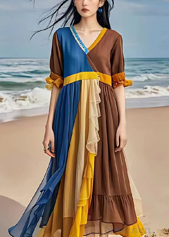 Original Blue V Neck Wrinkled Patchwork Chiffon Long Dresses Summer Tunics Evening elegant Original Blue V Neck Wrinkled Patchwork Chiffon Long Dresses Summer Tunics Evening elegant