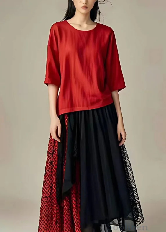 Original Red O Neck Tulle Patchwork Long Dress Half Sleeve Tunics Trousers formal