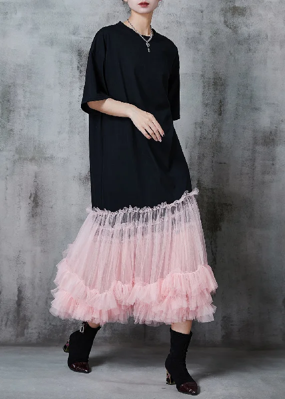 Pink Patchwork Tulle Cotton Long Dress Oversized Summer Tunics Fall fleece