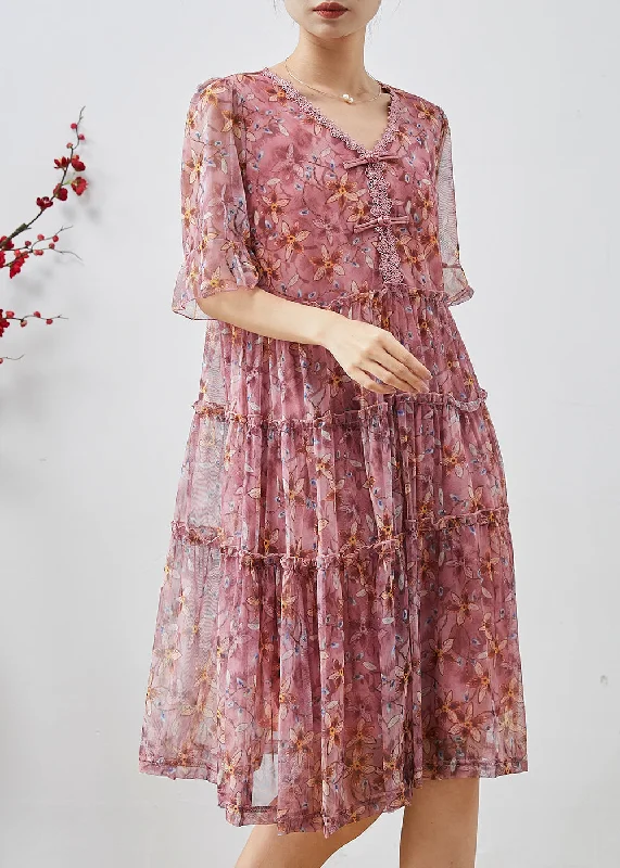 Pink Print Chiffon Long Dresses Chinese Button Summer Tunics Spring floral