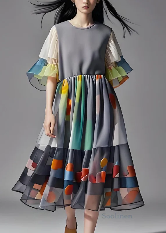 Plus Size Grey Print Wrinkled Patchwork Chiffon Long Dress Summer Tunics Cozy soft