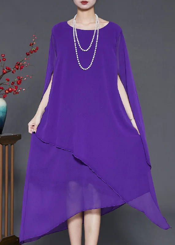 Purple Draping Chiffon Long Dresses Asymmetrical Cloak Sleeves Tunics Trendy modern