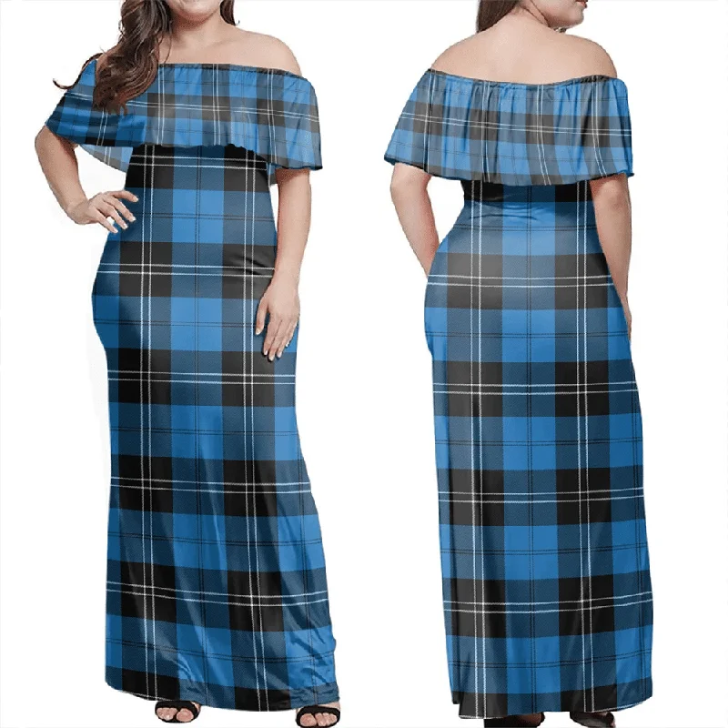 Ramsay Blue Ancient Tartan Off Shoulder Long Dress Tunics Trendy modern