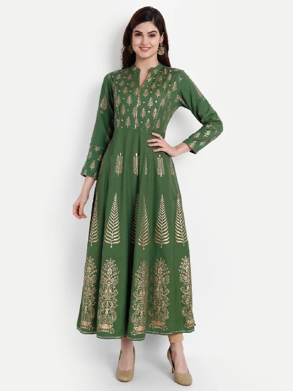 RAYON FLEX PRINTED LONG DRESS Crew Neckline Sporty
