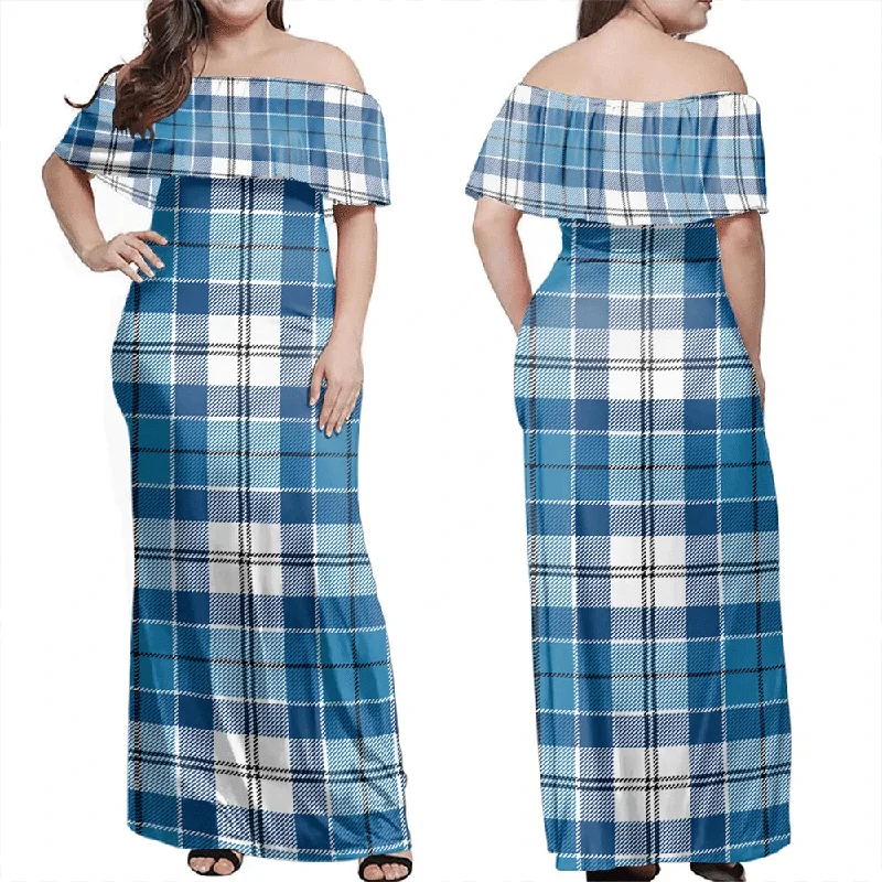 Roberton Tartan Off Shoulder Long Dress Square Neckline Feminine