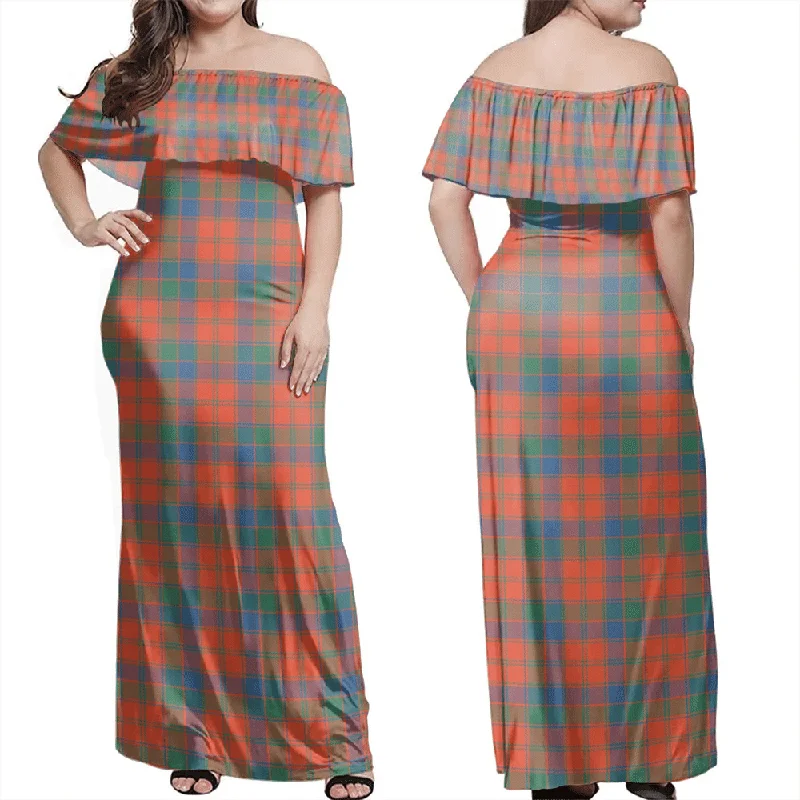 Robertson Ancient Tartan Off Shoulder Long Dress Crew Neckline Sporty