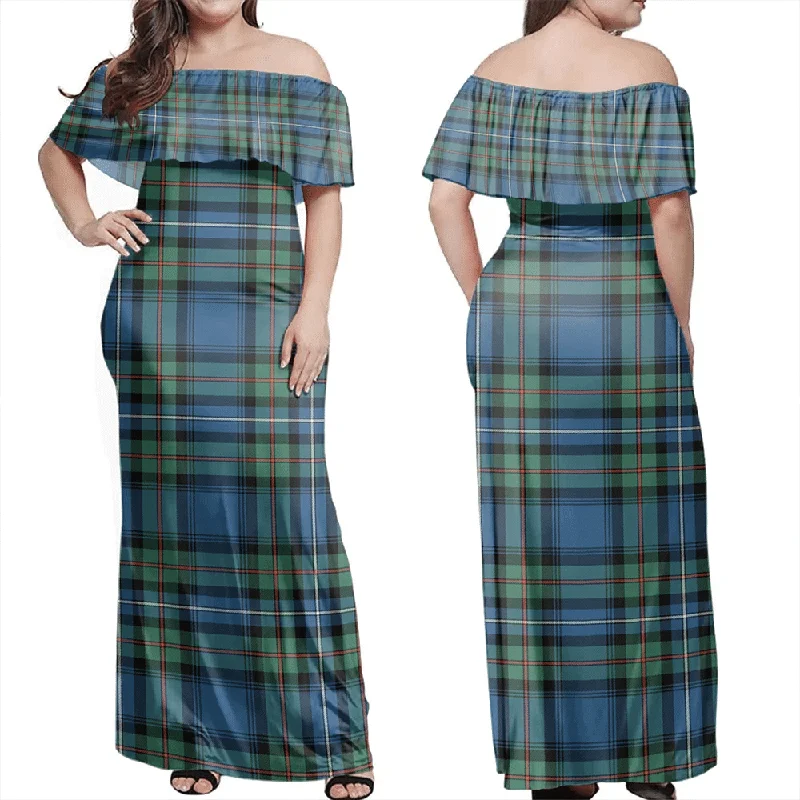 Robertson Hunting Ancient Tartan Off Shoulder Long Dress sweetheart Neckline Romantic Robertson Hunting Ancient Tartan Off Shoulder Long Dress sweetheart Neckline Romantic