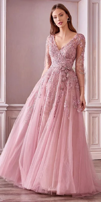 Andrea & Leo A0988 Zoe Gown Appliqued Long Dress with Long Sleeves Boat Neckline Classic Andrea & Leo A0988 Zoe Gown Appliqued Long Dress with Long Sleeves Boat Neckline Classic