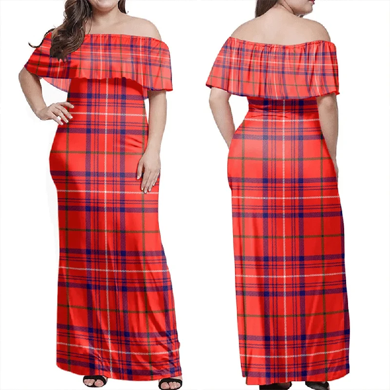 Rose Modern Tartan Off Shoulder Long Dress Tunics Silk luxurious