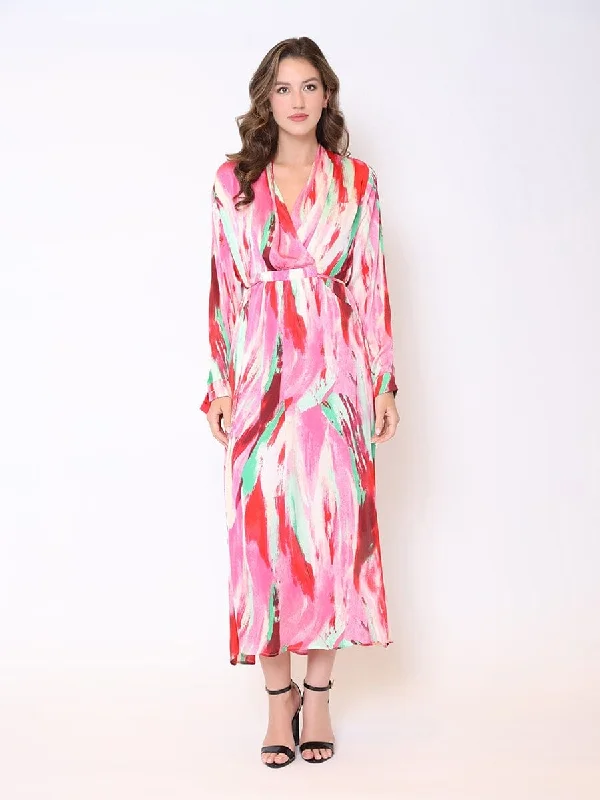 Satin Print Long Sleeve Tie Belt Long Dress Tunics Formal black