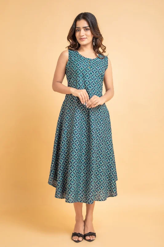 Flared Gold Printed A-Line Long Dress Tunics Trendy modern