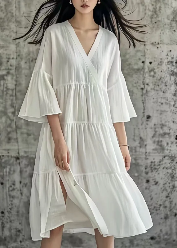 Simple White Side Open Wrinkled Cotton Long Dresses Summer Tunics Yoga stretchy