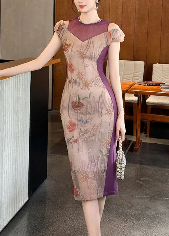 Slim Fit Purple Turtleneck Print Cold Shoulder Tulle Long Dresses Short Sleeve Tunics Favorite customer