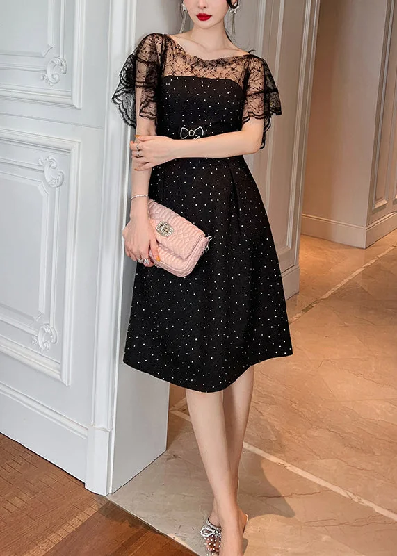 Style Black Dot Hollow Out Tulle Patchwork Long Dresses Summer Tunics Canvas sturdy