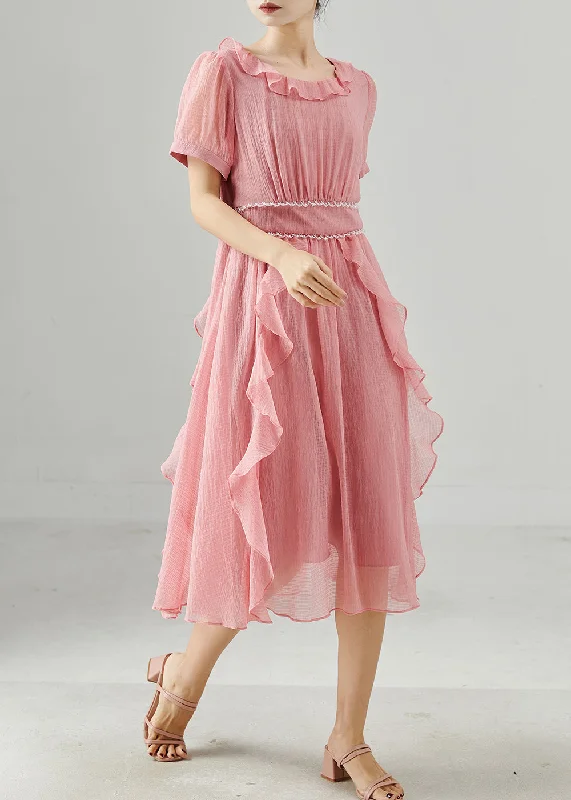 Style Pink Ruffles Elastic Waist Chiffon Dresses Summer Tunics Print Colorful