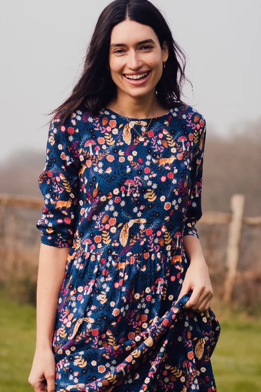 Suki Maxi Smock Dress - Navy, Midnight Woodland Elegant Long Evening