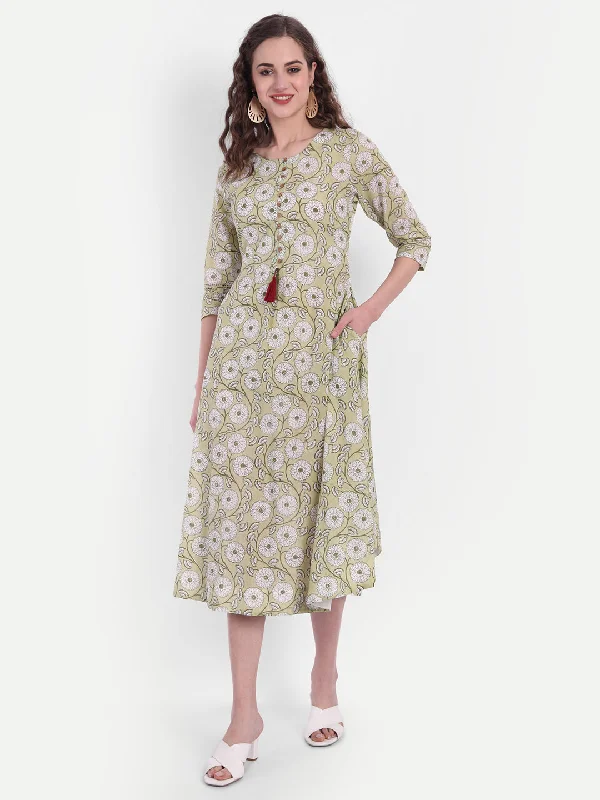 Mul Cotton Floral Print A-Line Long Dress Tunics Summer linen