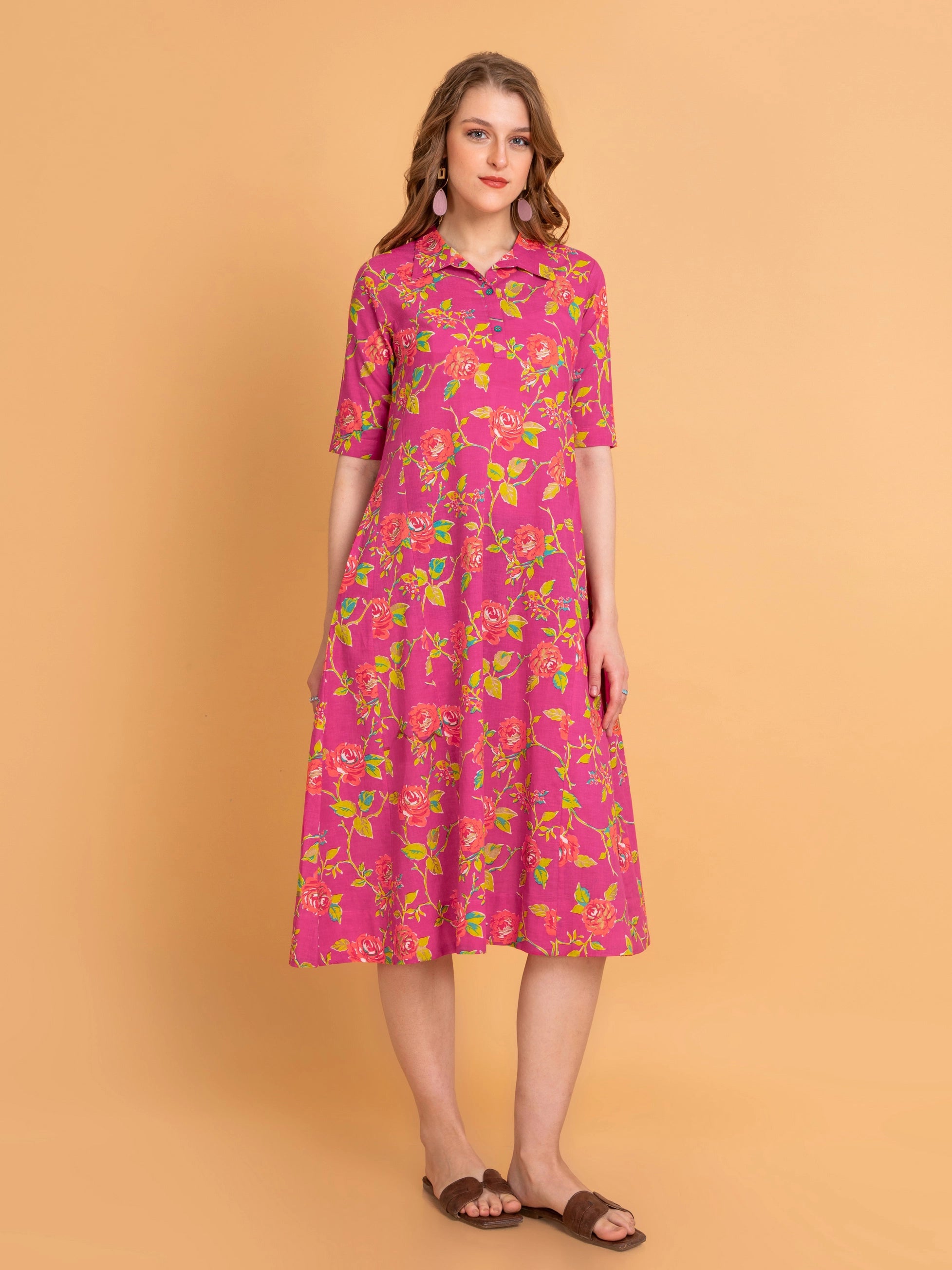 Mul Cotton Floral Print Flared Long Dress Tunics Evening elegant