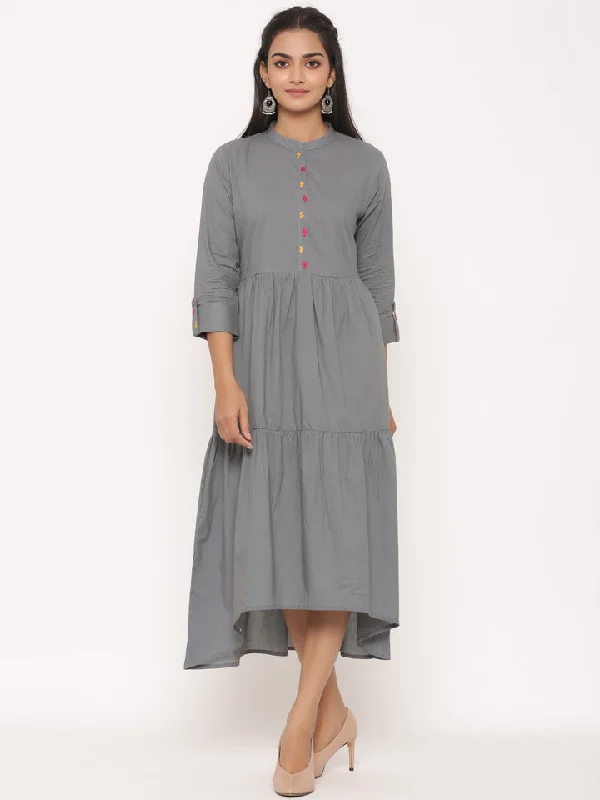 SUTI WOMEN MUL COTTON TIERED FLARED LONG DRESS WITH HAND CRAFT Tunics Canvas sturdy