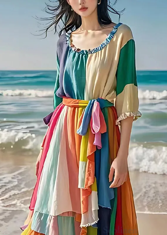 Unique Colorblock Ruffled Tie Waist Cotton Long Dresses Half Sleeve Tunics Fleece cozy