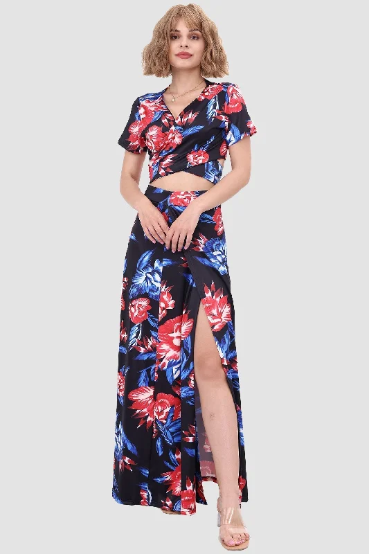 V-neck Printed Two-piece Dress with Waist-revealing Design Tunics Trousers formal