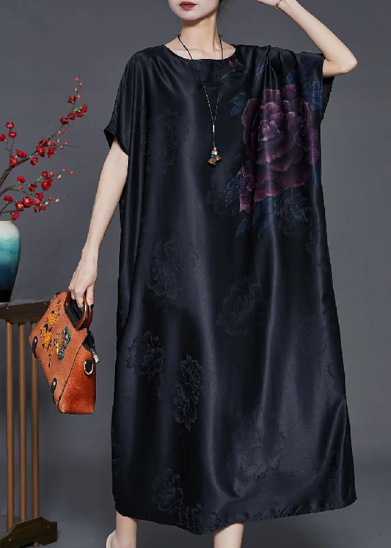 Vintage Black Oversized Jacquard Silk Long Dress Summer Tunics Cozy comfortable