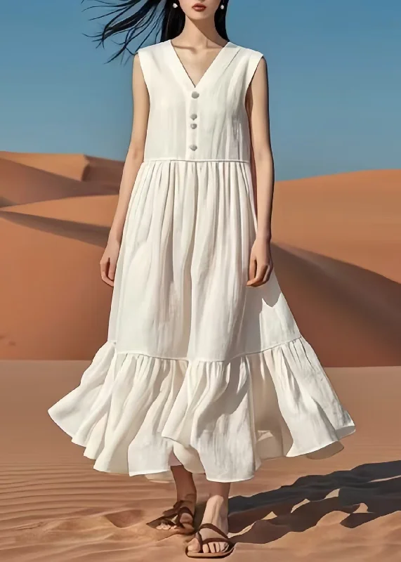 Vintage White V Neck Patchwork Cotton Long Dresses Summer Tunics Prom sequined